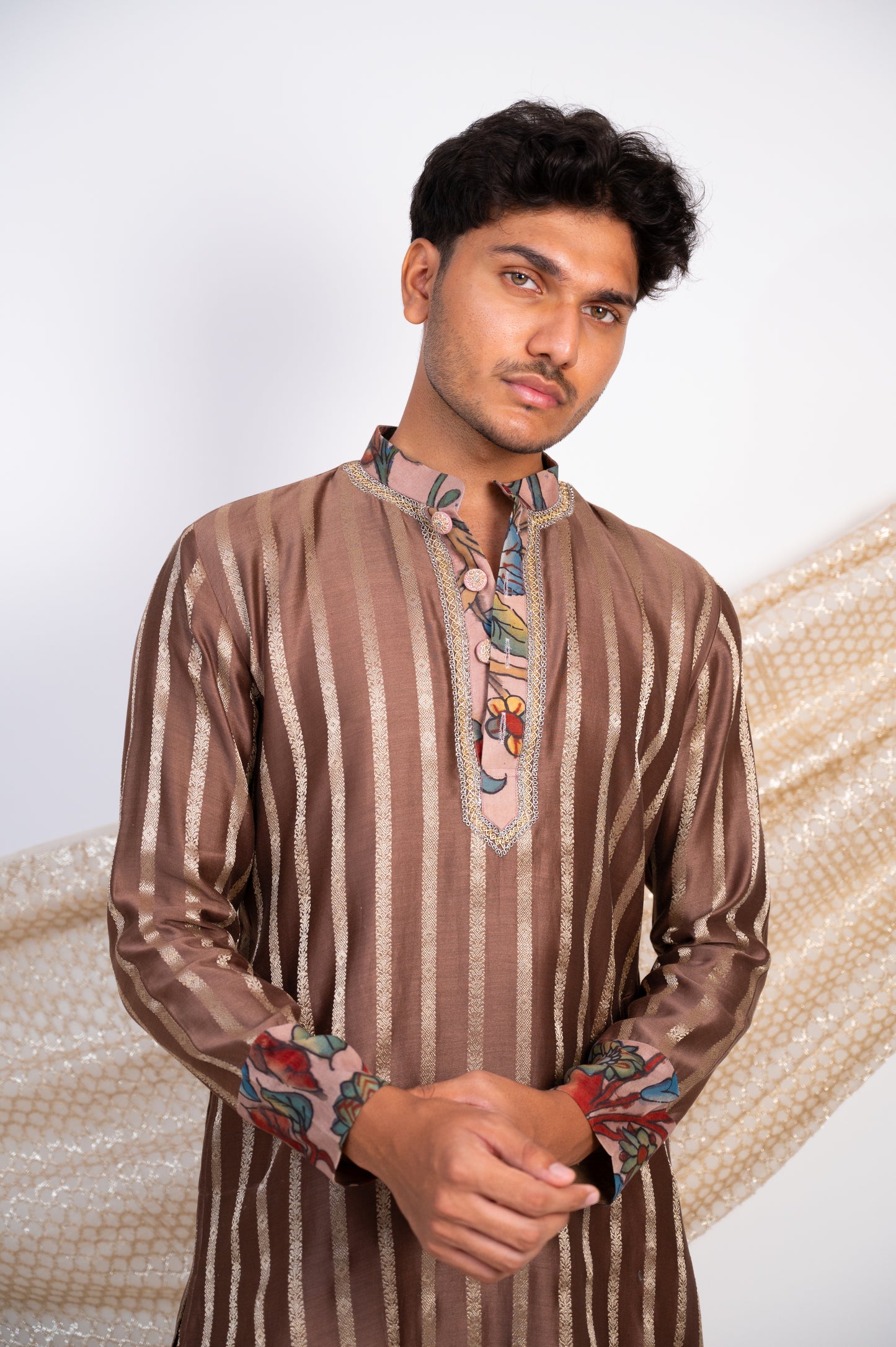 Dusty Brown Stripes Kurta Set.