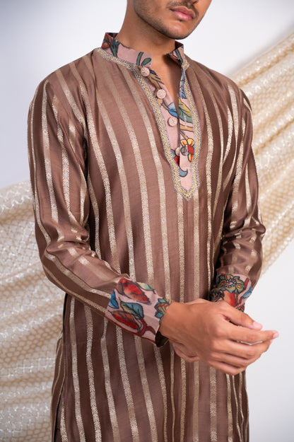 Dusty Brown Stripes Kurta Set.