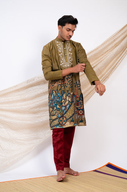 Olive-Green Hand-Painted Kalamkari Sena Kurta Set.