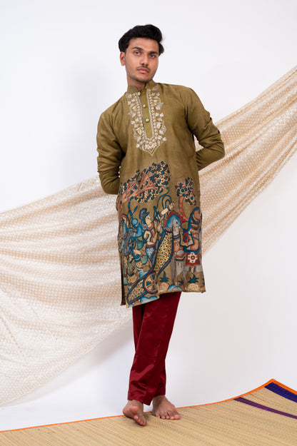 Olive-Green Hand-Painted Kalamkari Sena Kurta Set.