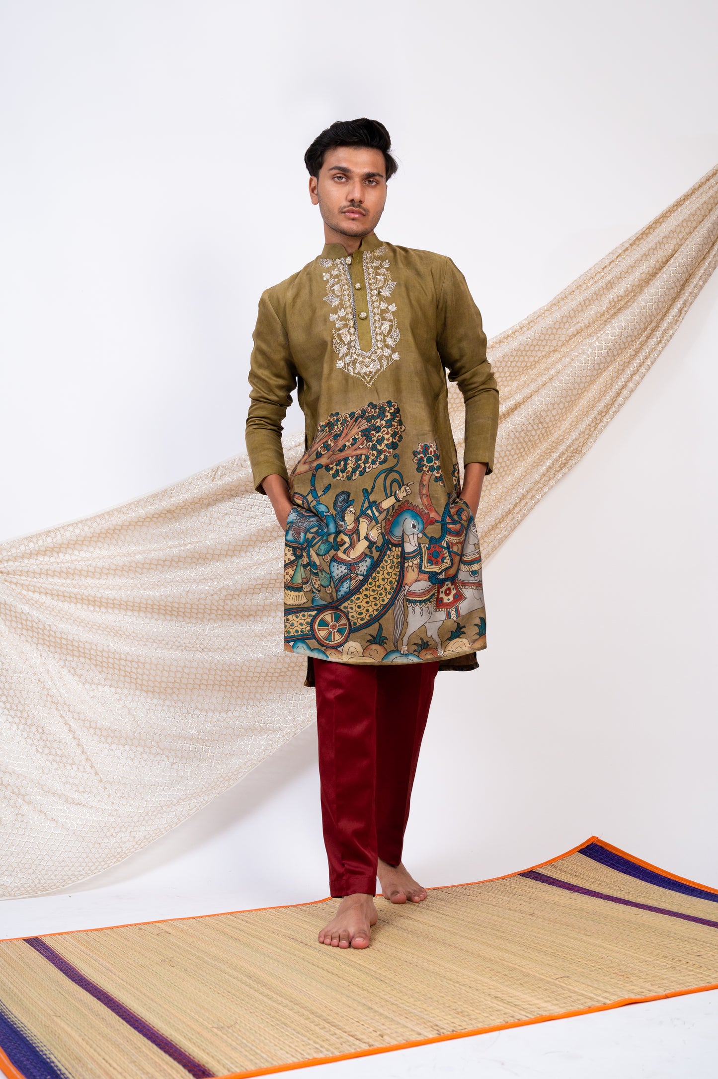 Olive-Green Hand-Painted Kalamkari Sena Kurta Set.