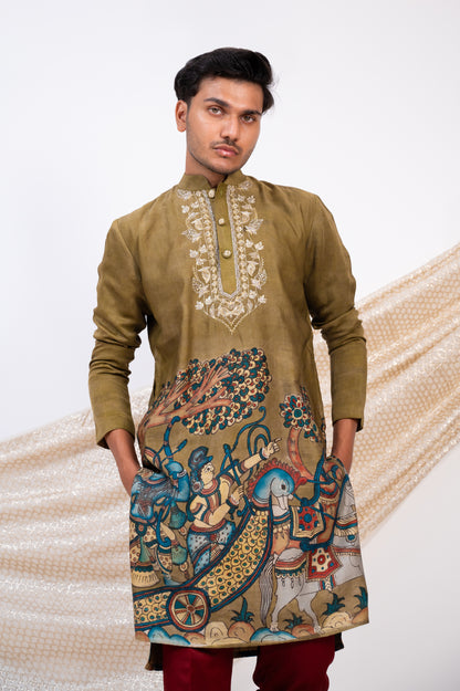 Olive-Green Hand-Painted Kalamkari Sena Kurta Set.