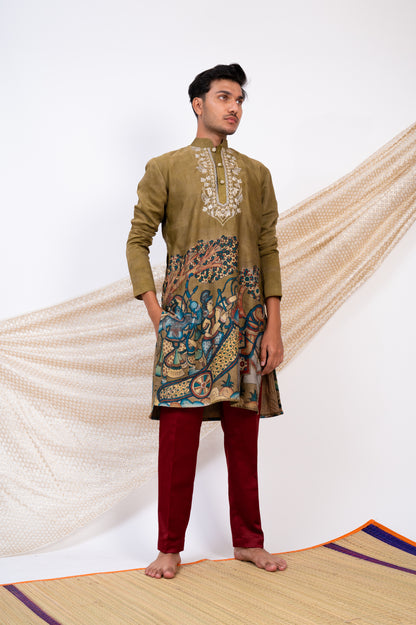 Olive-Green Hand-Painted Kalamkari Sena Kurta Set.