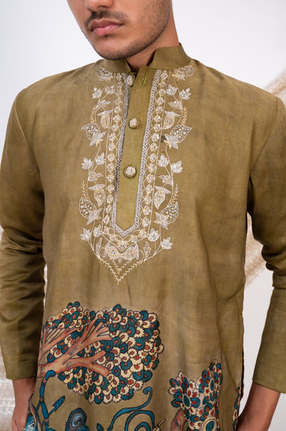 Olive-Green Hand-Painted Kalamkari Sena Kurta Set.