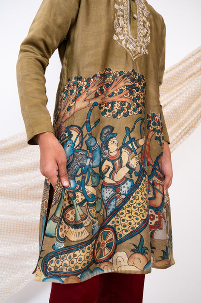 Olive-Green Hand-Painted Kalamkari Sena Kurta Set.