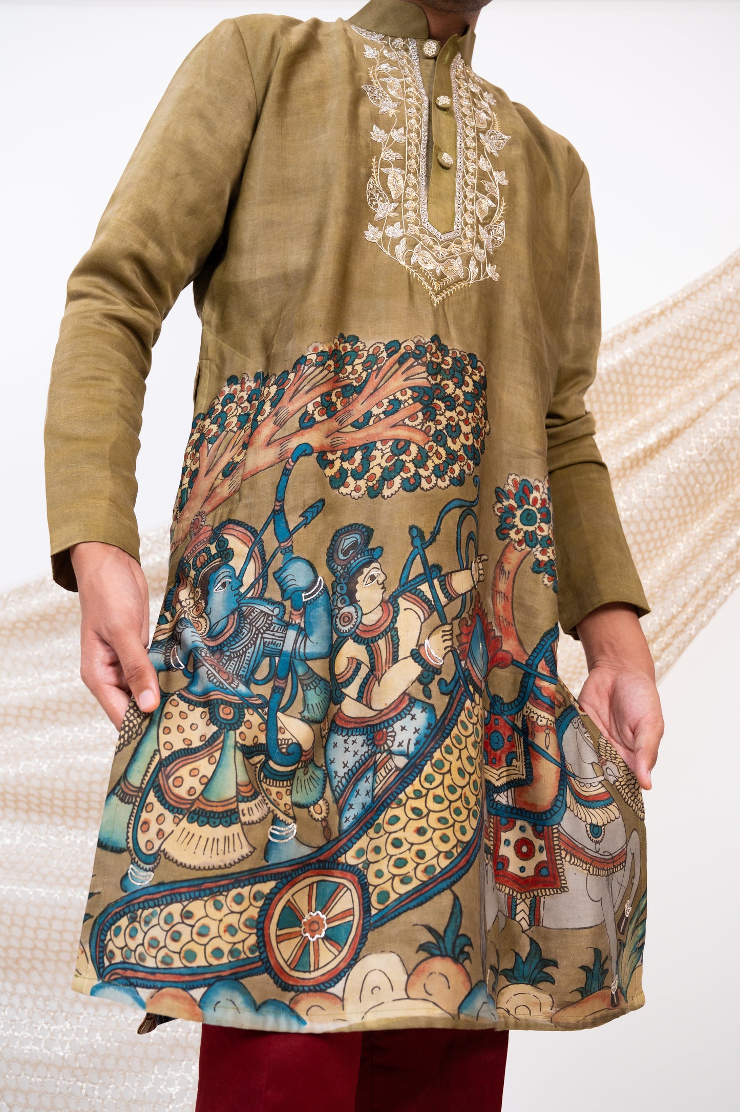 Olive-Green Hand-Painted Kalamkari Sena Kurta Set.