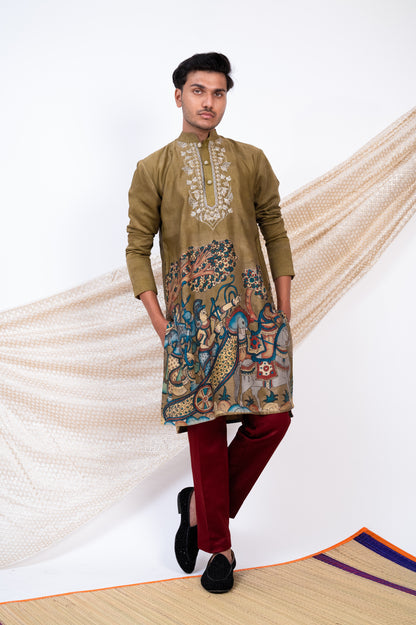 Olive-Green Hand-Painted Kalamkari Sena Kurta Set.