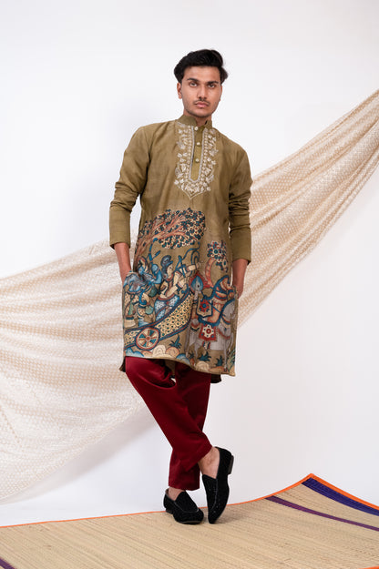 Olive-Green Hand-Painted Kalamkari Sena Kurta Set.