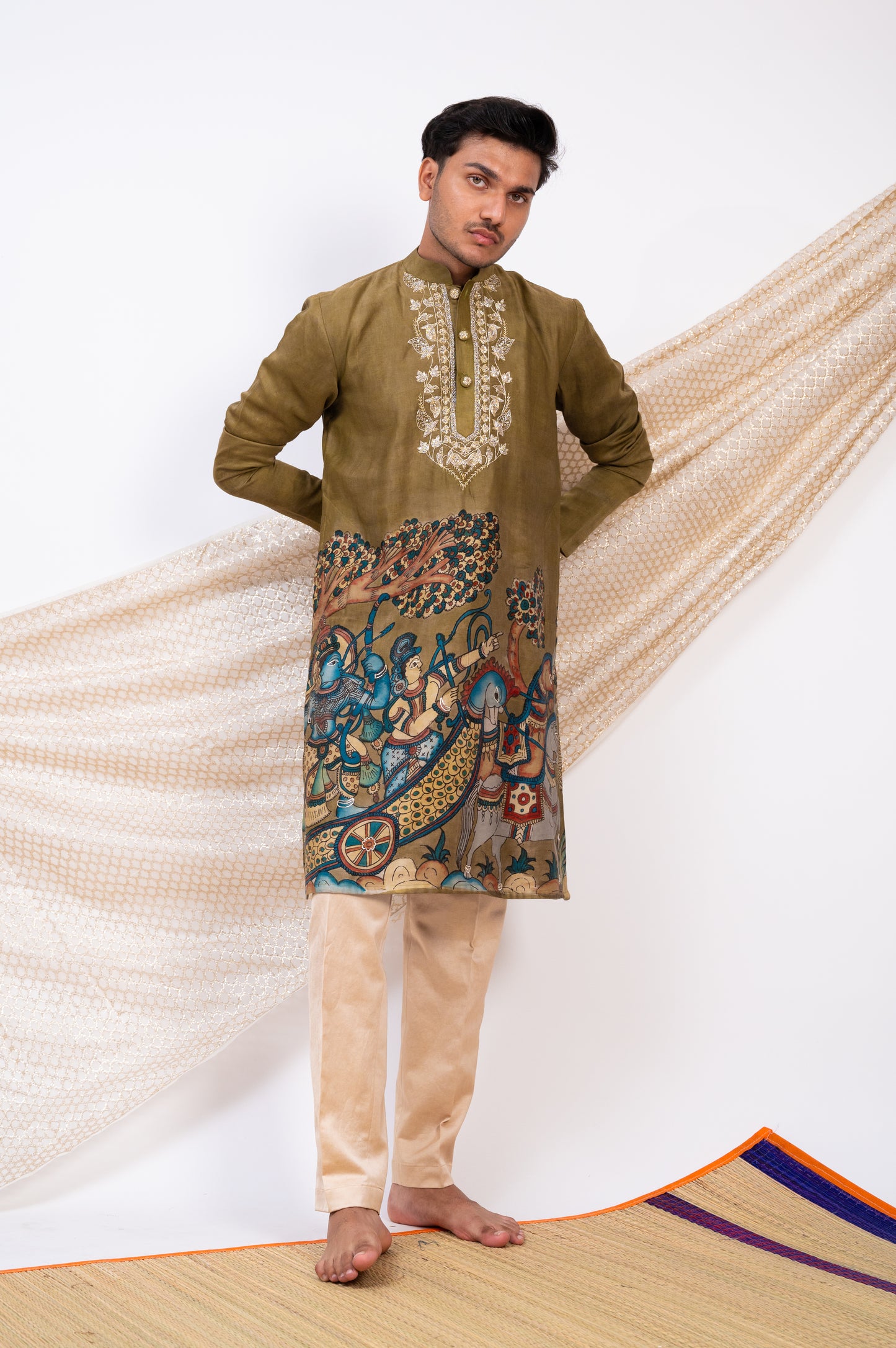 Olive-Green Hand-Painted Kalamkari Sena Kurta Set.