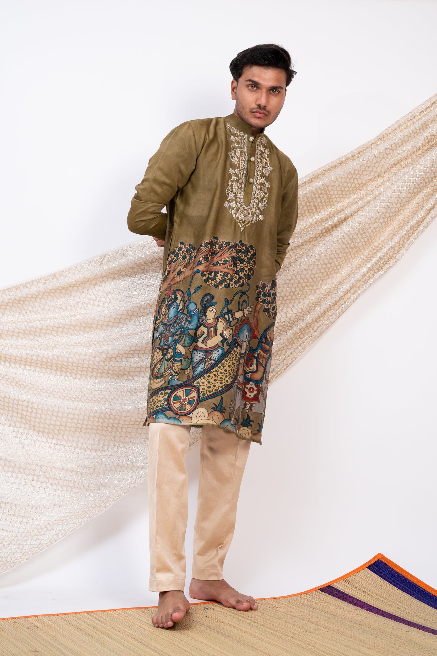 Olive-Green Hand-Painted Kalamkari Sena Kurta Set.