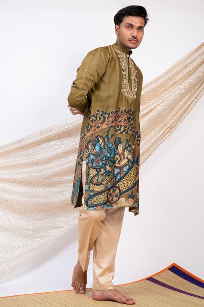 Olive-Green Hand-Painted Kalamkari Sena Kurta Set.