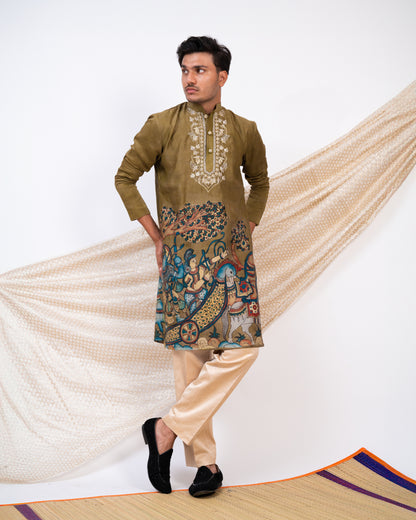 Olive-Green Hand-Painted Kalamkari Sena Kurta Set.