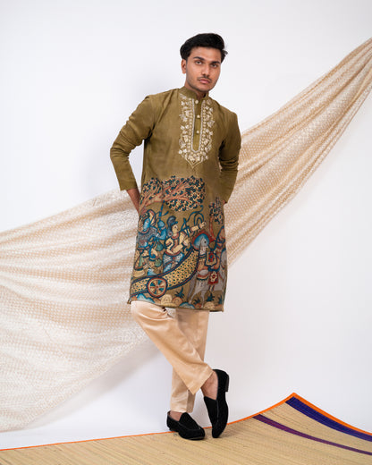 Olive-Green Hand-Painted Kalamkari Sena Kurta Set.