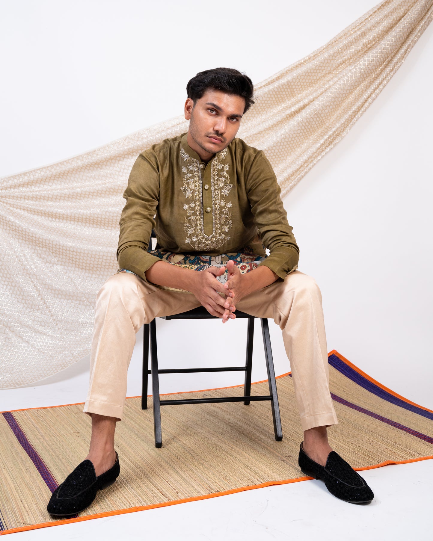 Olive-Green Hand-Painted Kalamkari Sena Kurta Set.