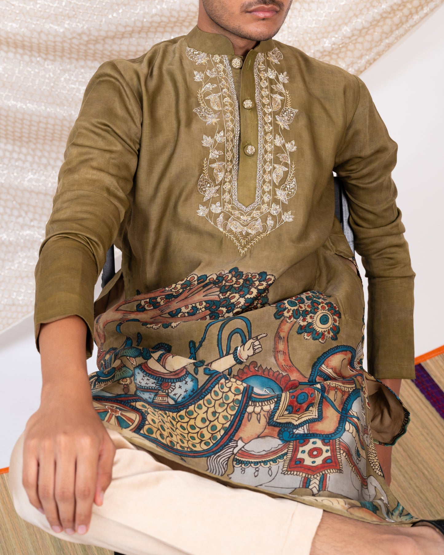 Olive-Green Hand-Painted Kalamkari Sena Kurta Set.