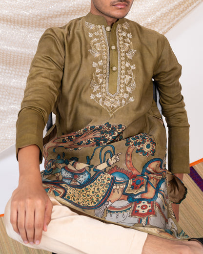 Olive-Green Hand-Painted Kalamkari Sena Kurta Set.