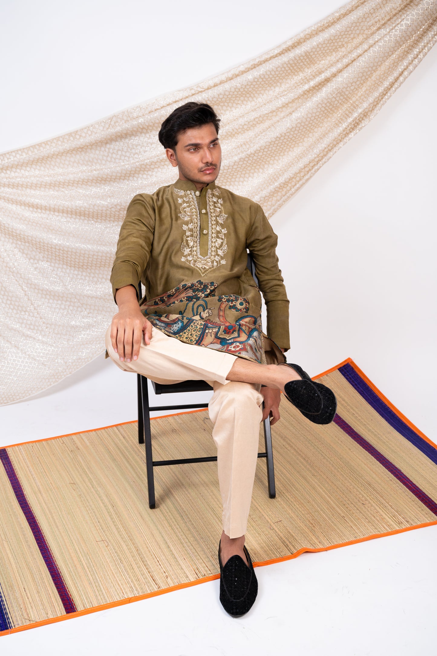 Olive-Green Hand-Painted Kalamkari Sena Kurta Set.