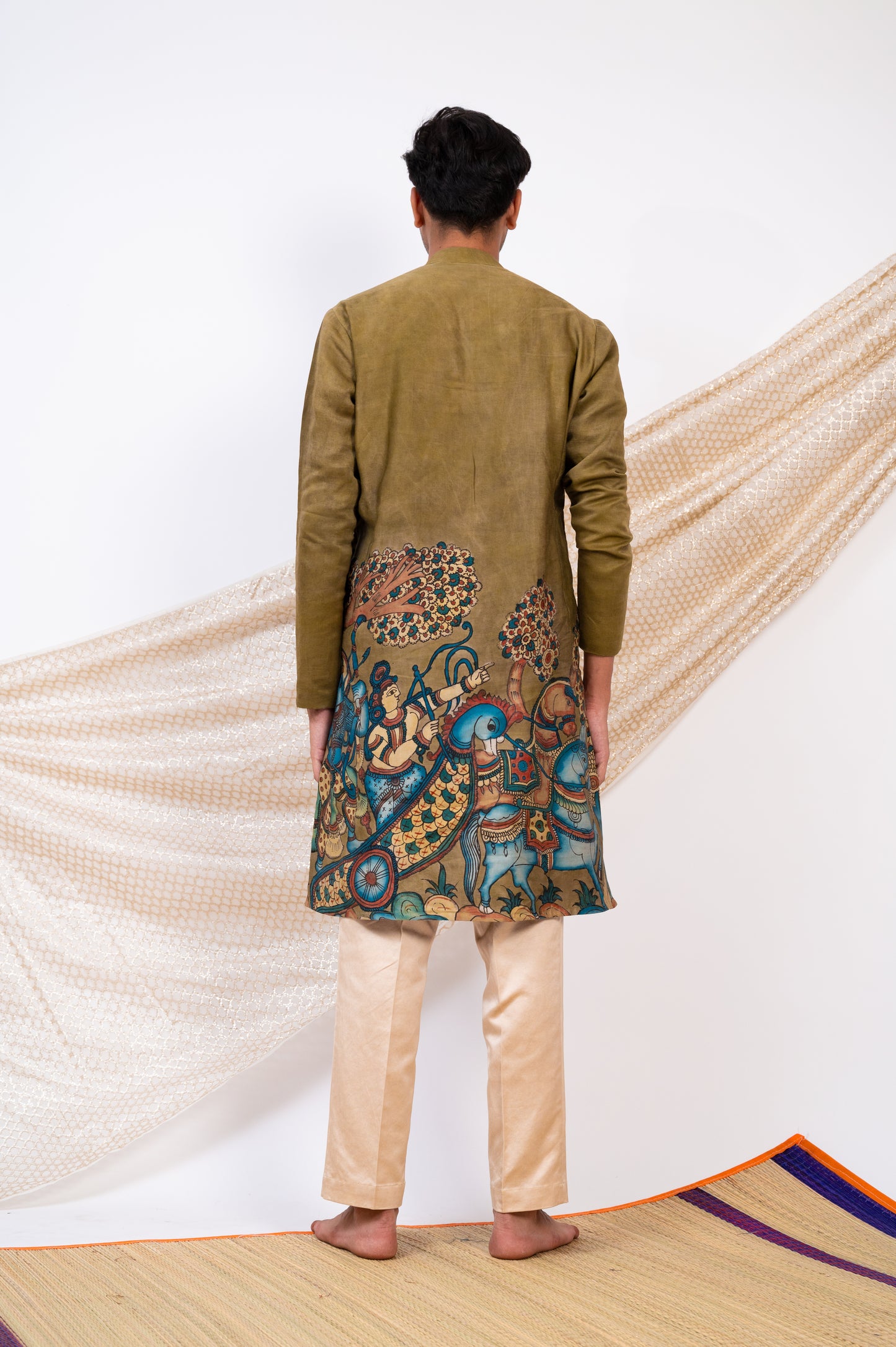 Olive-Green Hand-Painted Kalamkari Sena Kurta Set.