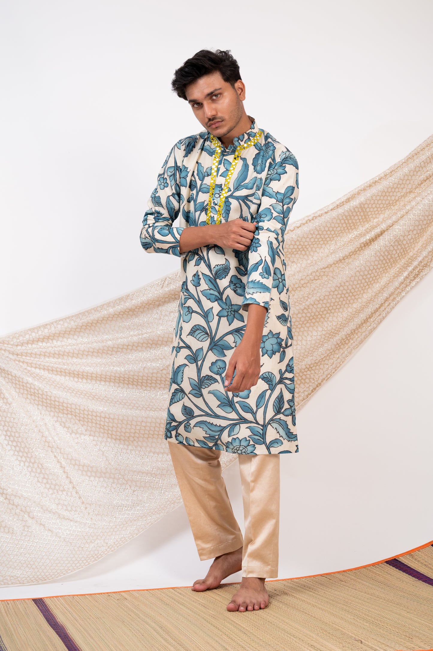 Ivory Hand-Painted Floral Kalamkari Kurta Set.