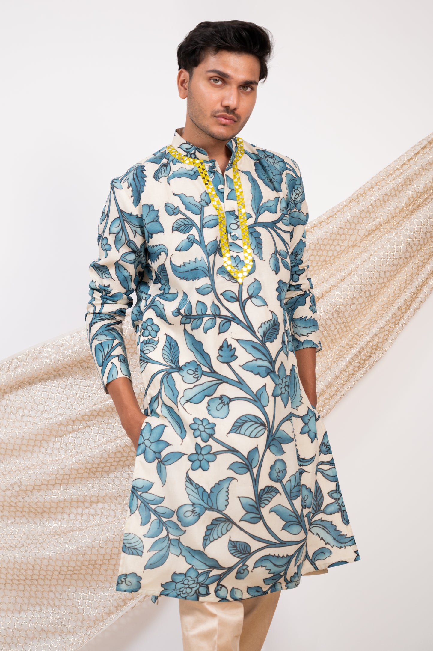 Ivory Hand-Painted Floral Kalamkari Kurta Set.