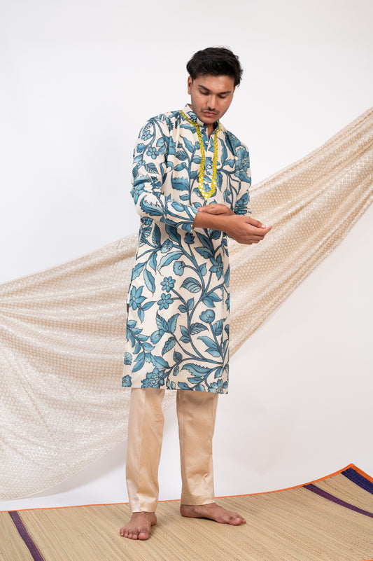 Ivory Hand-Painted Floral Kalamkari Kurta Set.