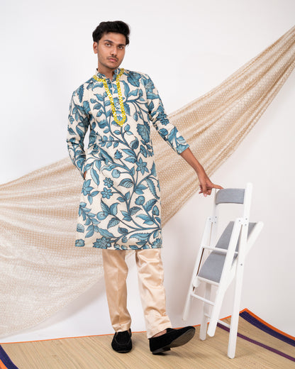 Ivory Hand-Painted Floral Kalamkari Kurta Set.