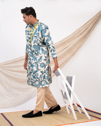 Ivory Hand-Painted Floral Kalamkari Kurta Set.