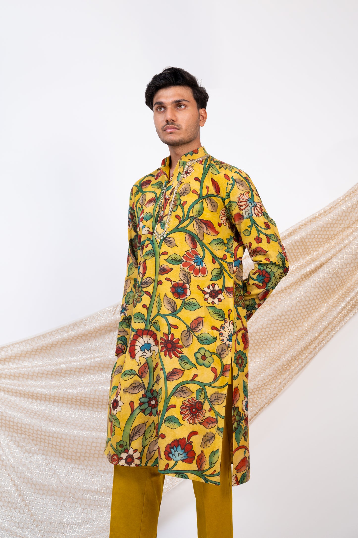 Oakre-Yellow Hand-Painted Floral Kalamkari Kurta Set.