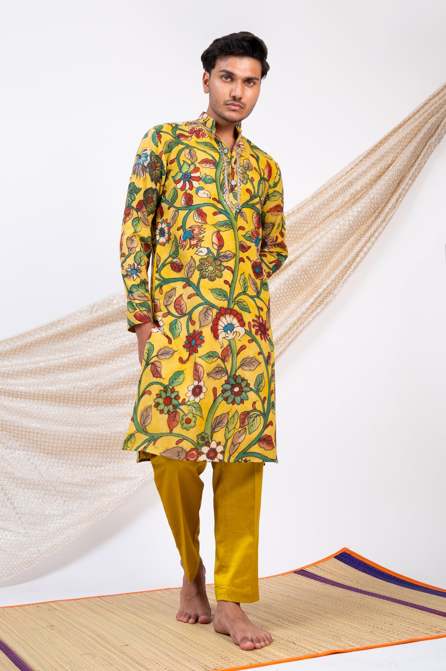 Oakre-Yellow Hand-Painted Floral Kalamkari Kurta Set.