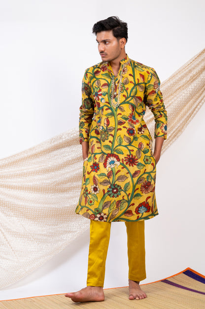 Oakre-Yellow Hand-Painted Floral Kalamkari Kurta Set.