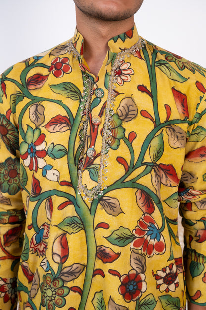 Oakre-Yellow Hand-Painted Floral Kalamkari Kurta Set.