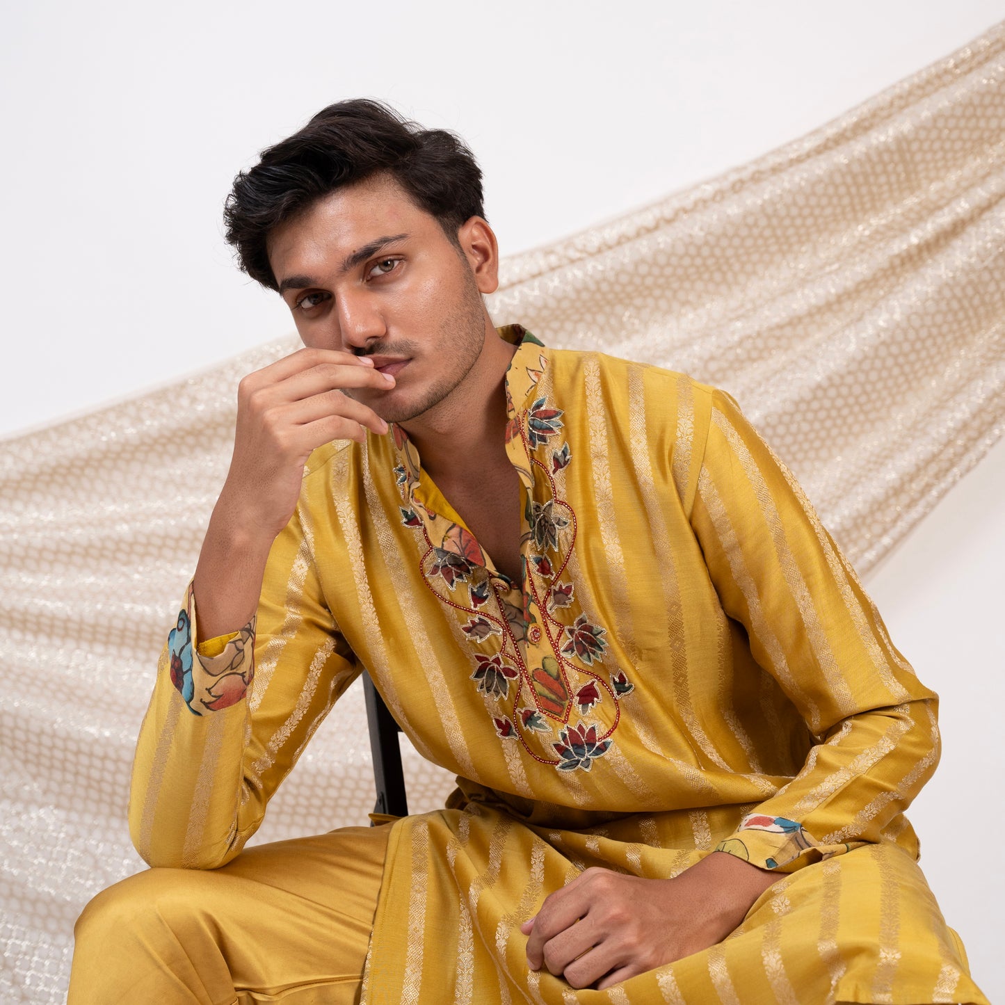 Oakre-Yellow Stripes Kurta Set.