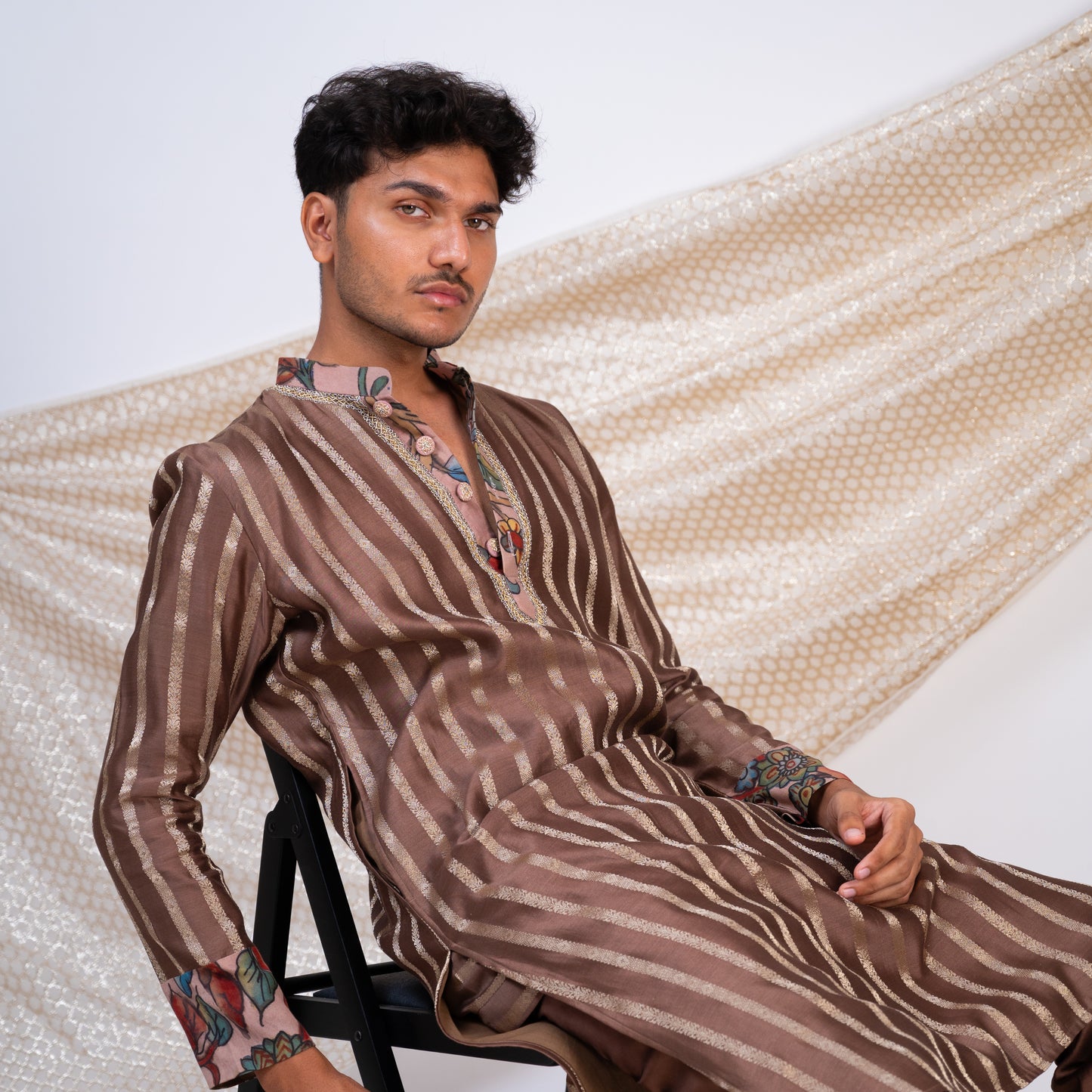 Dusty Brown Stripes Kurta Set.