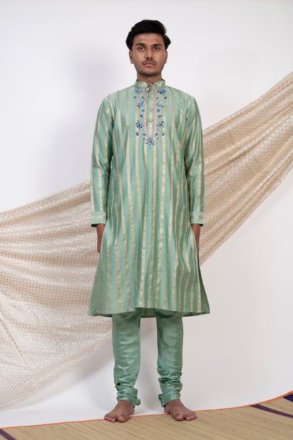 Aqua-Blue Stripes Kurta Set.