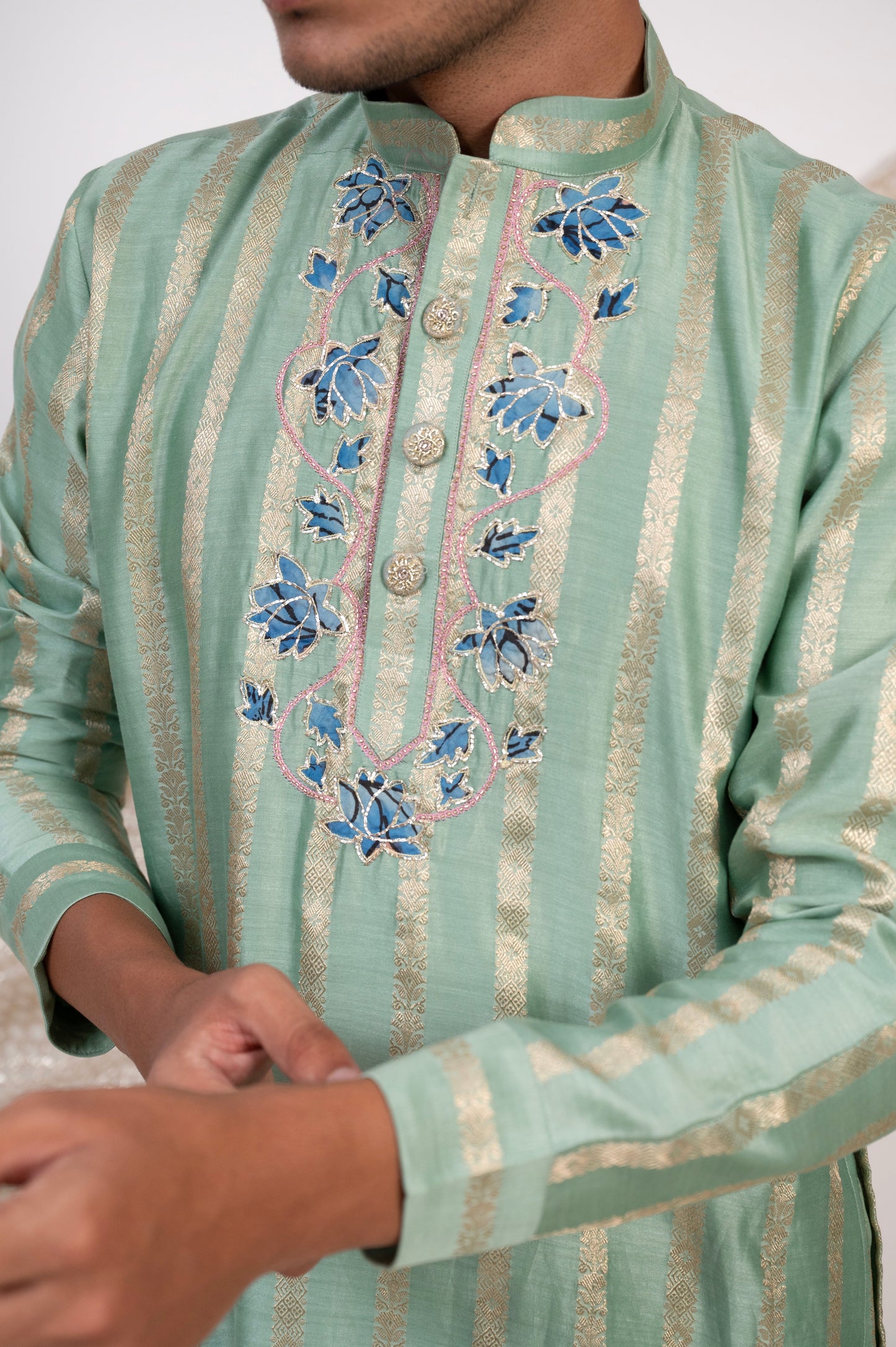 Aqua-Blue Stripes Kurta Set.