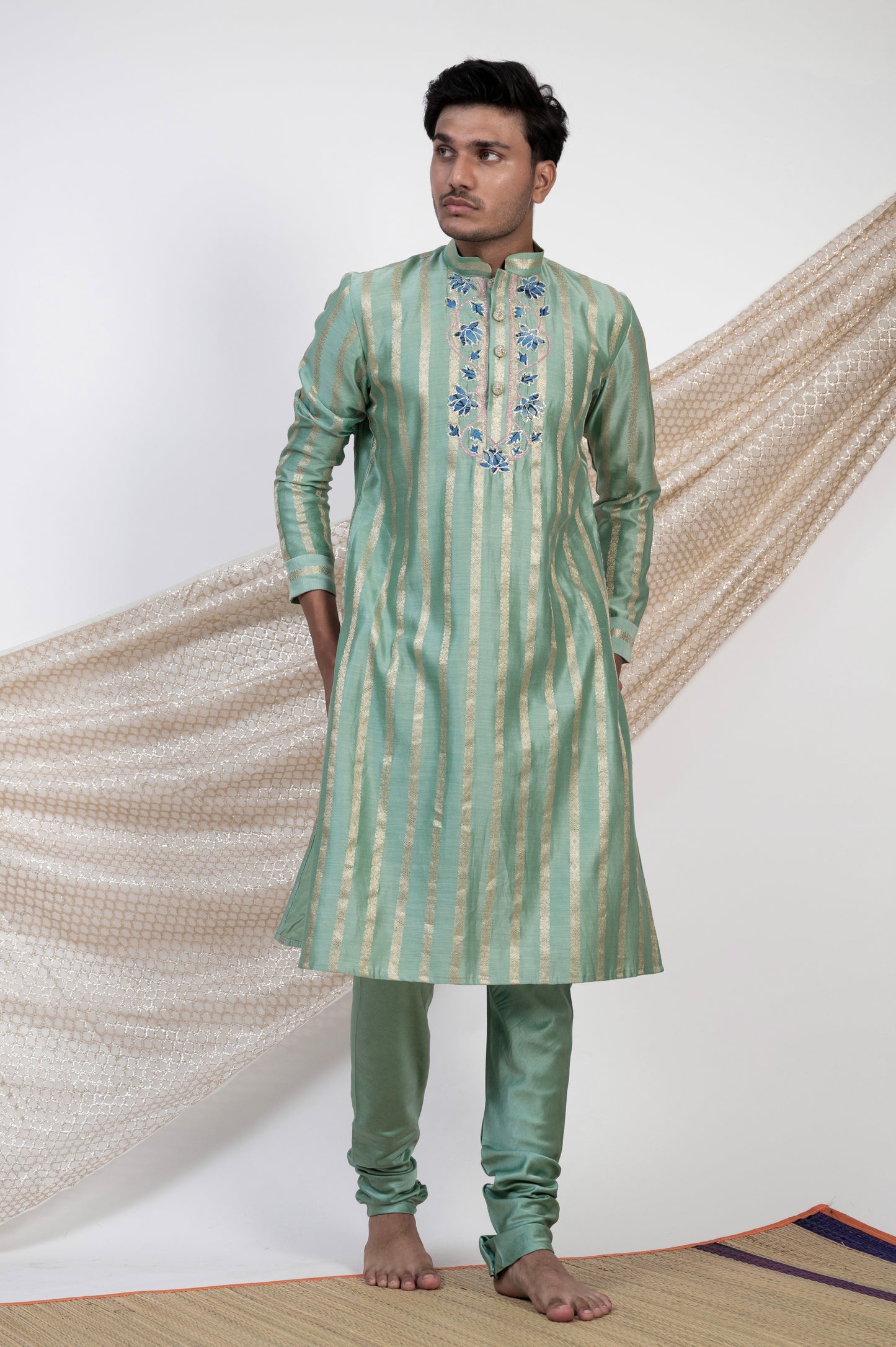 Aqua-Blue Stripes Kurta Set.