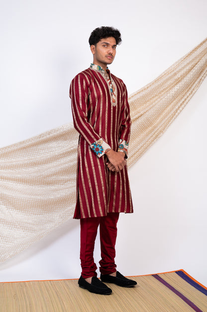 Maroon Stripes Kurta Set.