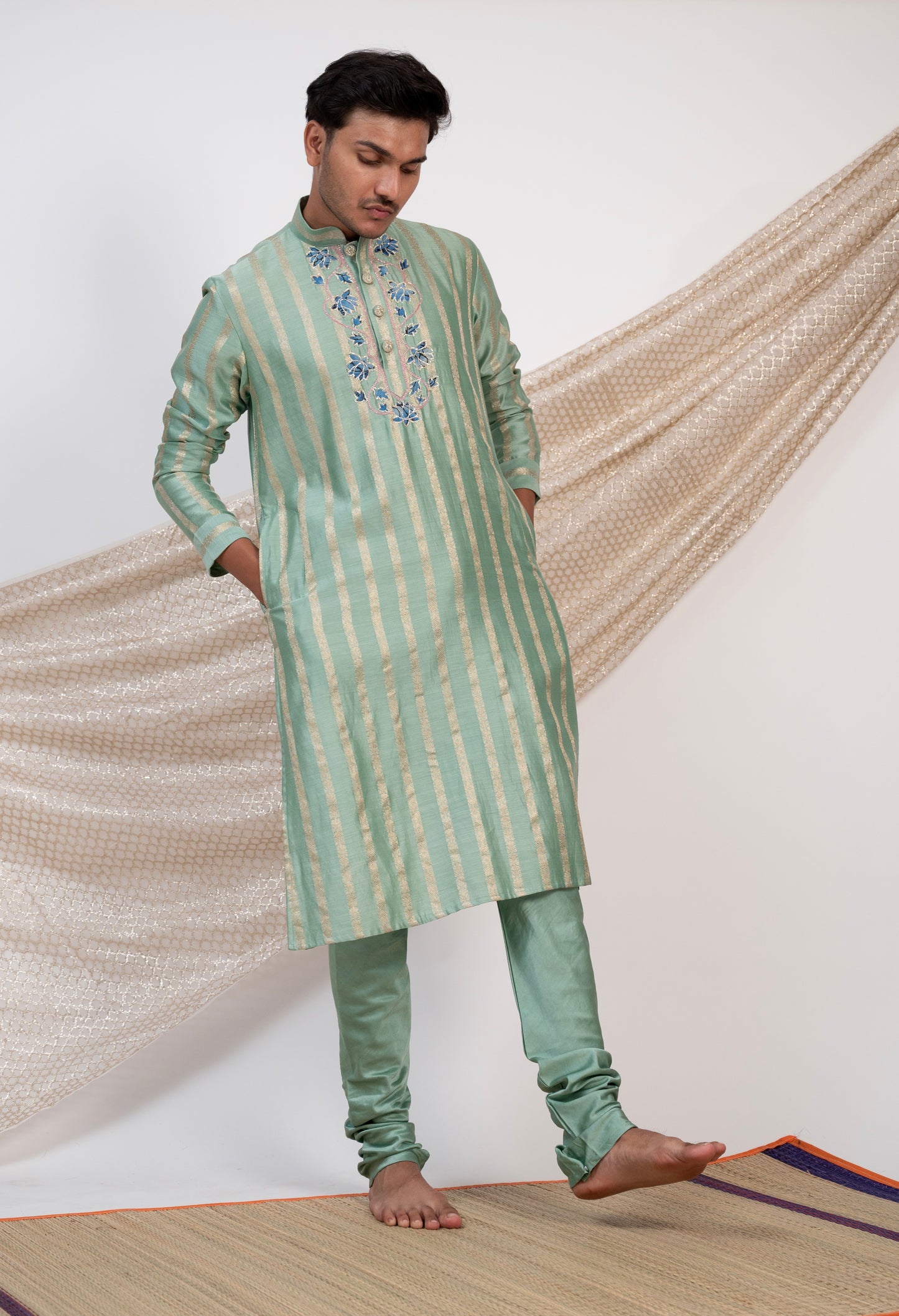 Aqua-Blue Stripes Kurta Set.