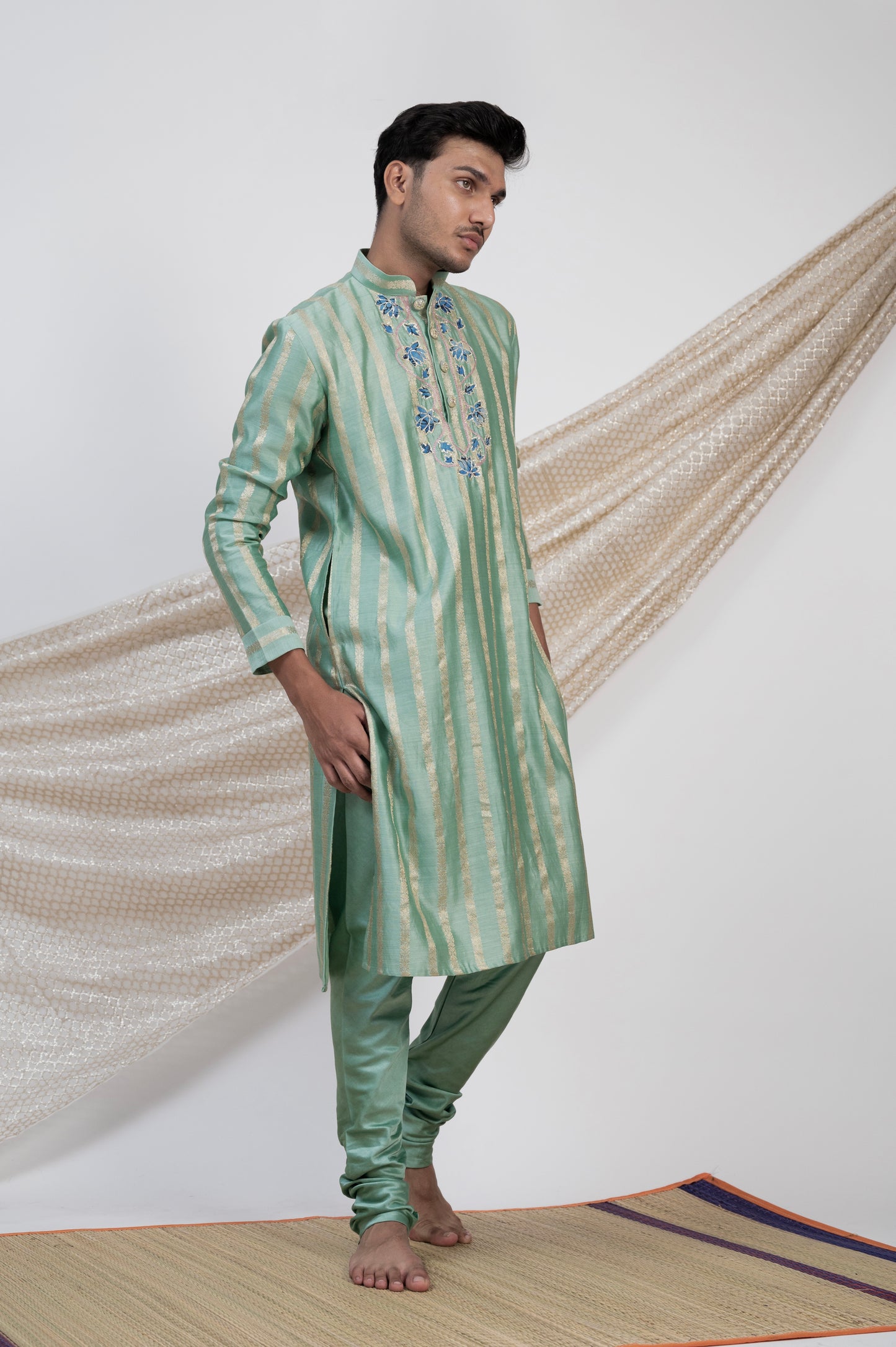 Aqua-Blue Stripes Kurta Set.