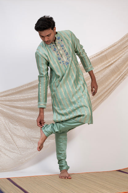 Aqua-Blue Stripes Kurta Set.