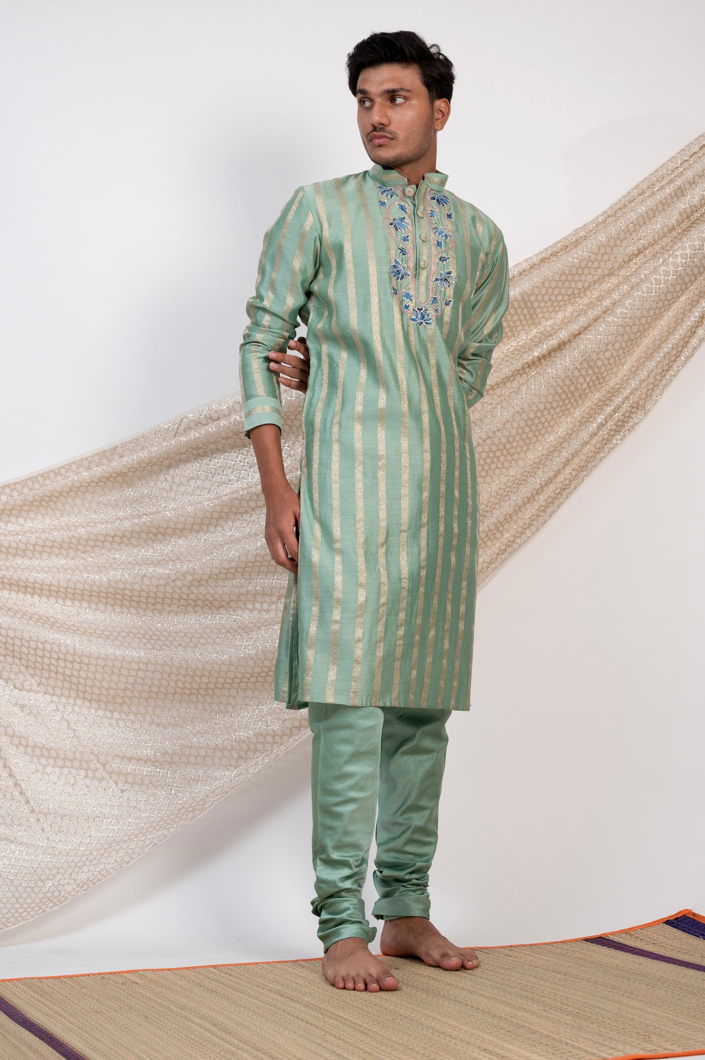 Aqua-Blue Stripes Kurta Set.