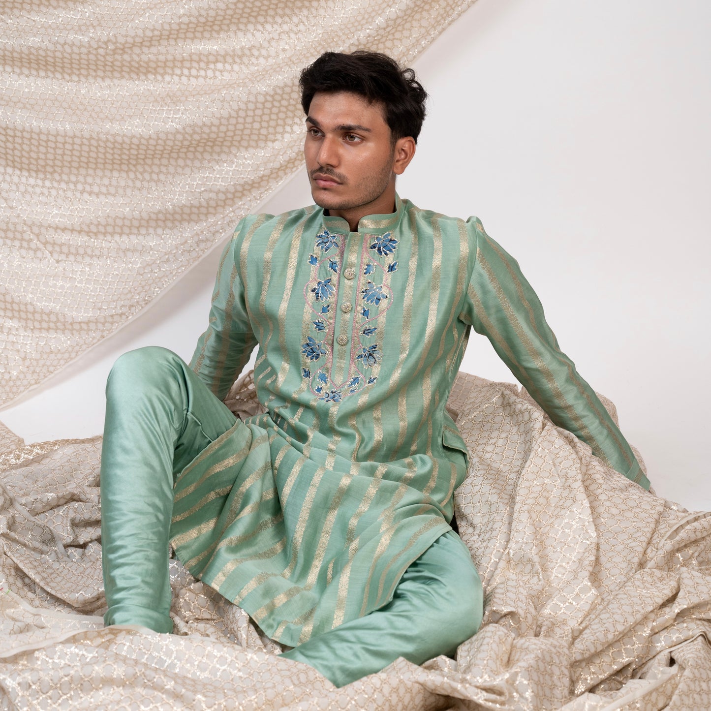 Aqua-Blue Stripes Kurta Set.