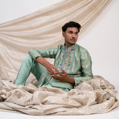 Aqua-Blue Stripes Kurta Set.