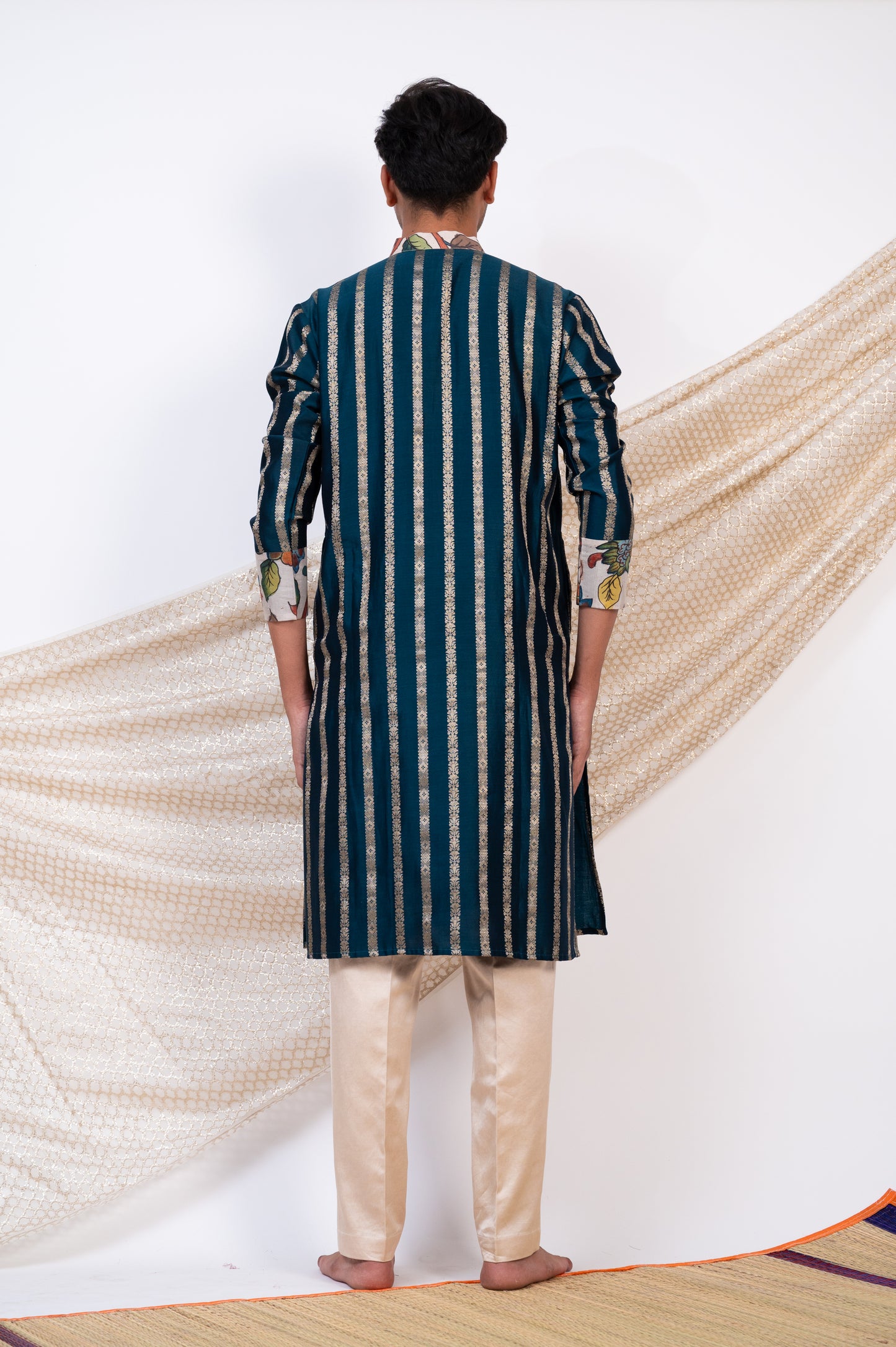 Peacock-Blue Stripes Kurta Set.