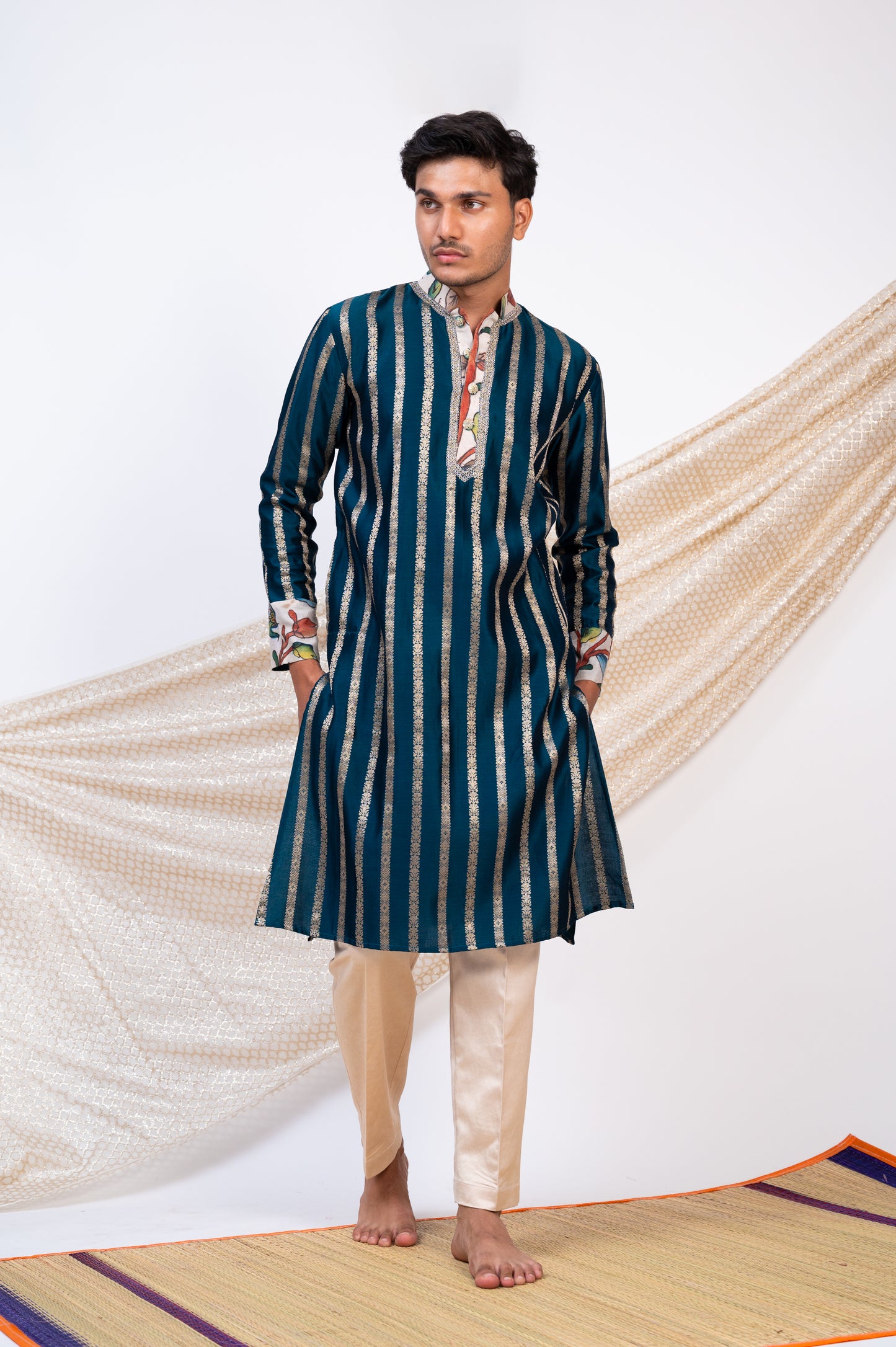 Peacock-Blue Stripes Kurta Set.