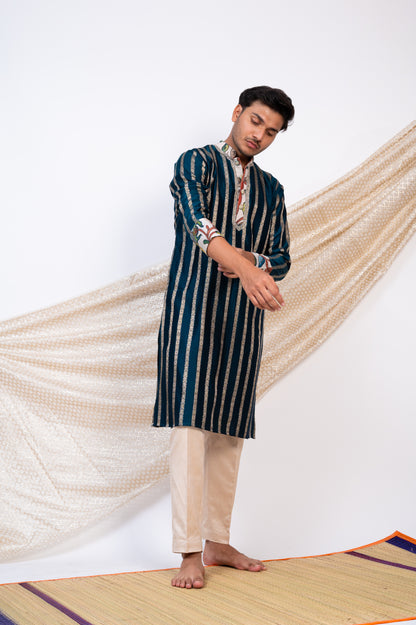 Peacock-Blue Stripes Kurta Set.