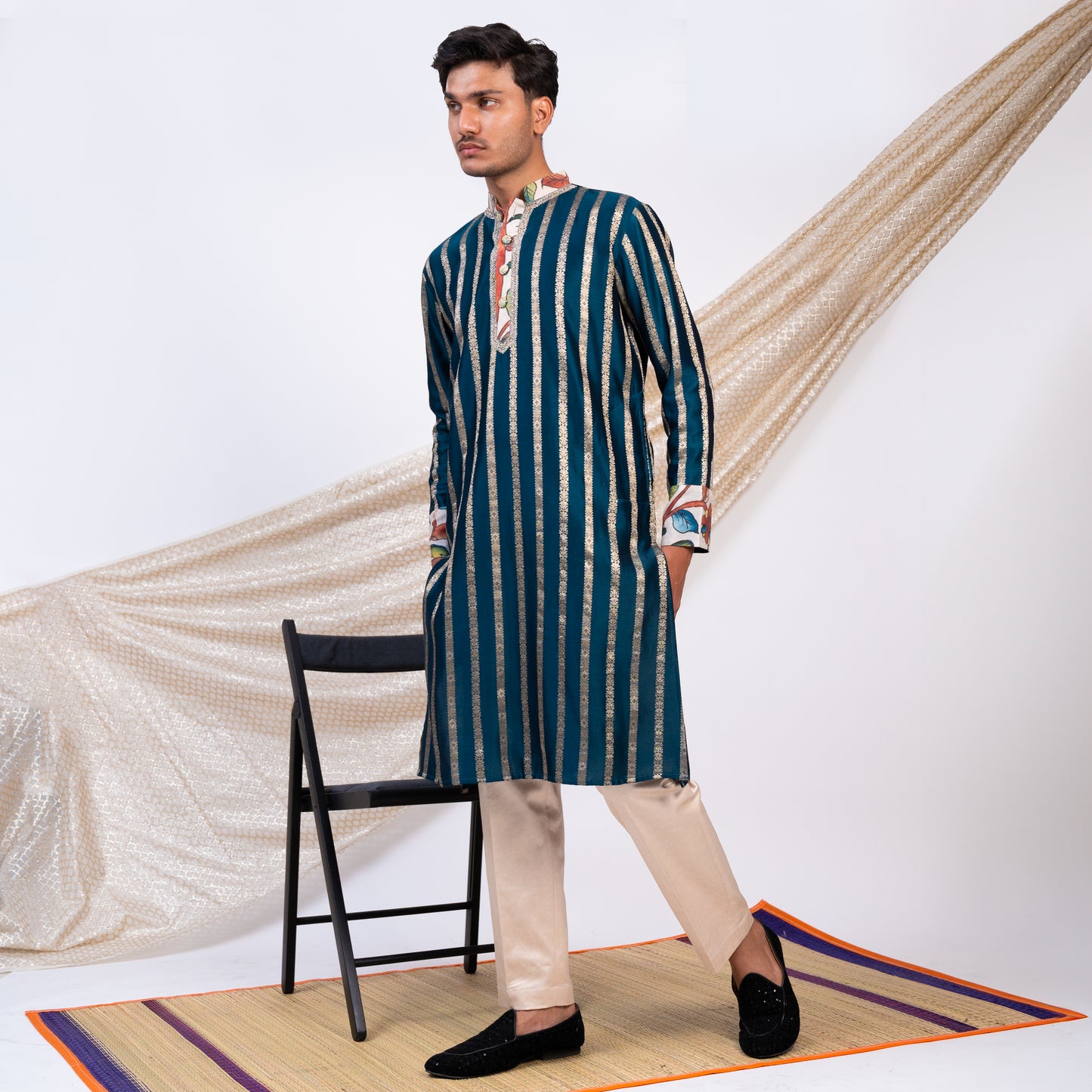 Peacock-Blue Stripes Kurta Set.