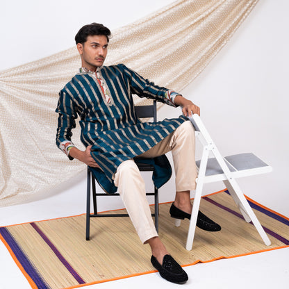 Peacock-Blue Stripes Kurta Set.