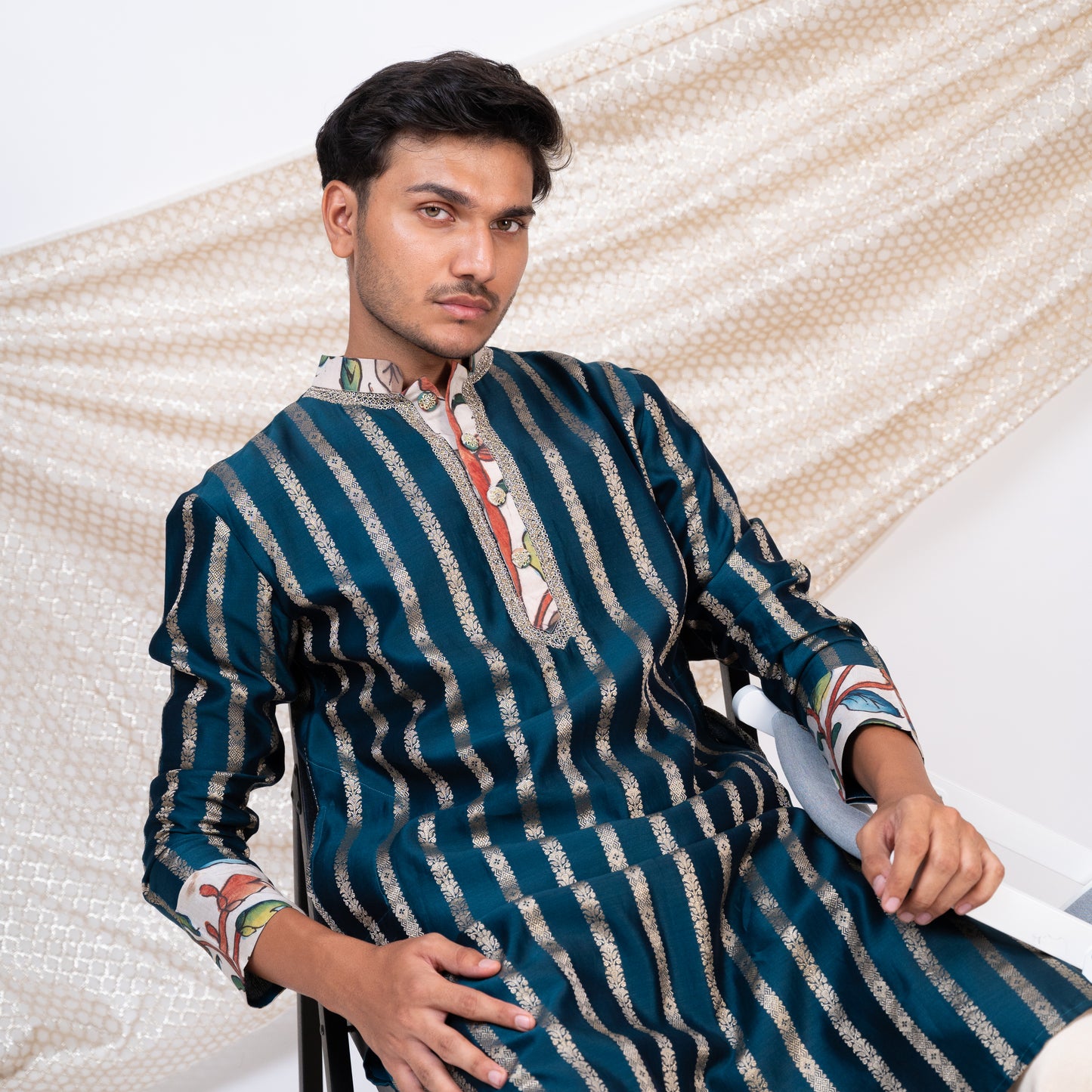 Peacock-Blue Stripes Kurta Set.