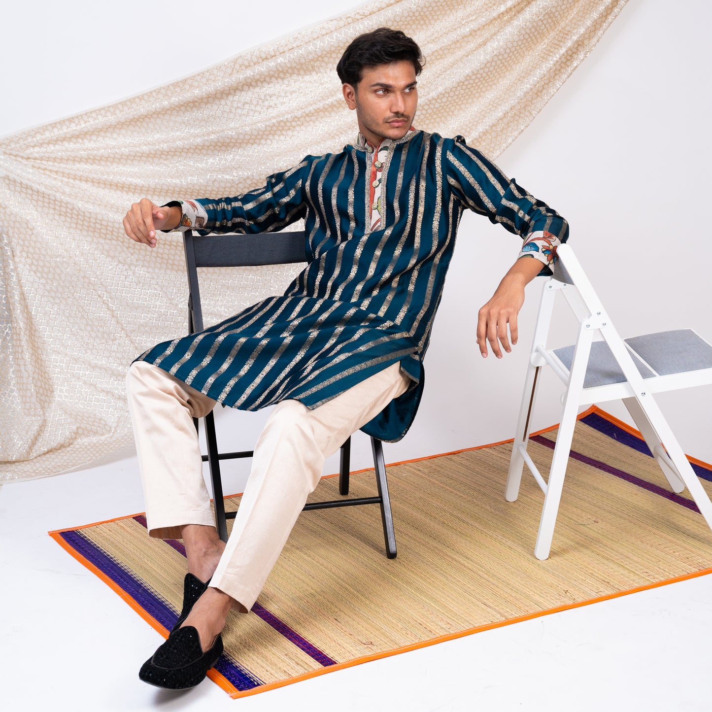 Peacock-Blue Stripes Kurta Set.